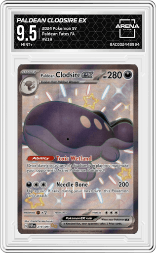 Paldean Clodsire ex from the 2024 Pokemon SV set graded by Arena Club and given an overall grade of 9.5.