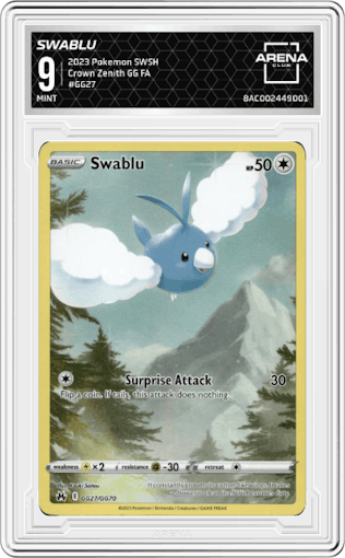 Swablu from the 2023 Pokemon SWSH set graded by Arena Club and given an overall grade of 9.