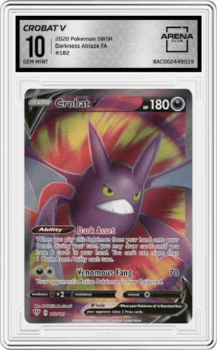 Crobat V from the 2020 Pokemon SWSH set graded by Arena Club and given an overall grade of 10.