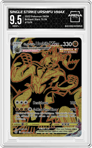 Single Strike Urshifu VMAX from the 2022 Pokemon SWSH set graded by Arena Club and given an overall grade of 9.5.
