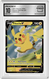 Pikachu V from the 2021 Pokemon SWSH set featuring a Pikachu VMAX Box parallel graded by Arena Club and given an overall grade of 10.