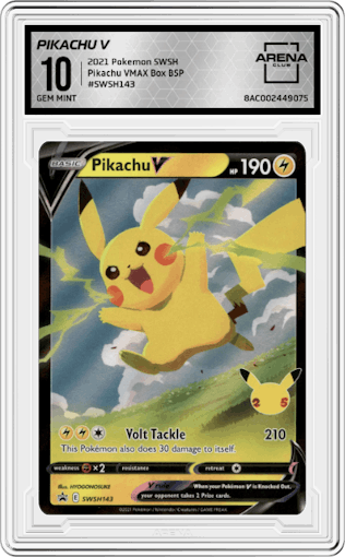 Pikachu V from the 2021 Pokemon SWSH set featuring a Pikachu VMAX Box parallel graded by Arena Club and given an overall grade of 10.