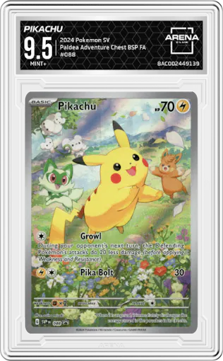 Pikachu from the 2024 Pokemon SV set featuring a Paldea Adventure Chest parallel graded by Arena Club and given an overall grade of 9.5.