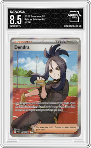 Dendra from the 2023 Pokemon SV set graded by Arena Club and given an overall grade of 8.5.