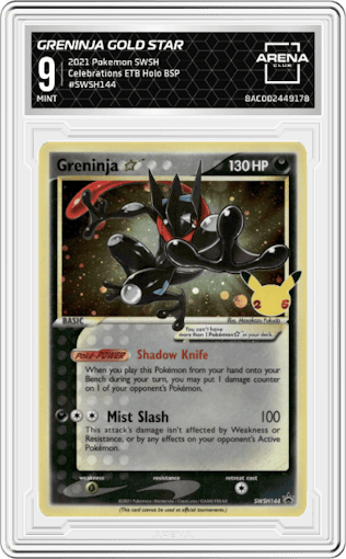 Greninja Gold Star from the 2021 Pokemon SWSH set featuring a Celebrations Elite Trainer Box parallel graded by Arena Club and given an overall grade of 9.