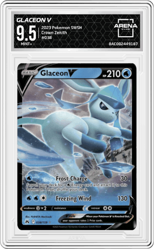 Glaceon V from the 2023 Pokemon SWSH set graded by Arena Club and given an overall grade of 9.5.