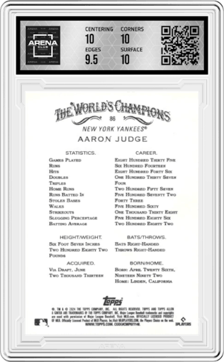 Aaron Judge from the 2024 Topps Allen & Ginter set graded by Arena Club and given an overall grade of 10.