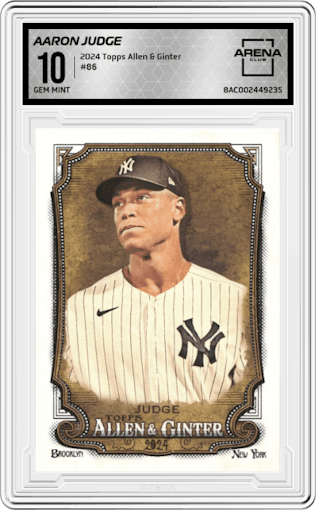 Aaron Judge from the 2024 Topps Allen & Ginter set graded by Arena Club and given an overall grade of 10.