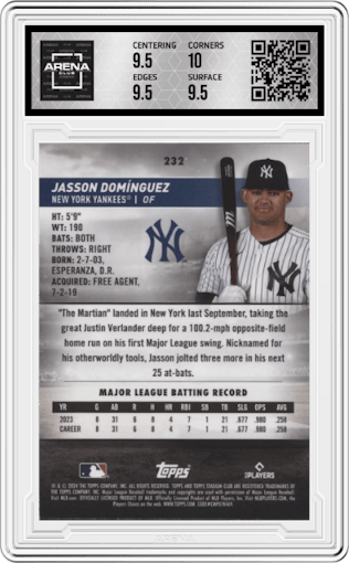 Jasson Dominguez from the 2024 Topps Stadium Club set graded by Arena Club and given an overall grade of 10.