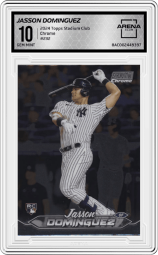 Jasson Dominguez from the 2024 Topps Stadium Club set graded by Arena Club and given an overall grade of 10.