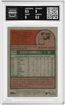 Jasson Dominguez from the 2024 Topps Heritage set graded by Arena Club and given an overall grade of 7.