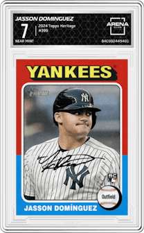 Jasson Dominguez from the 2024 Topps Heritage set graded by Arena Club and given an overall grade of 7.