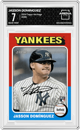 Jasson Dominguez from the 2024 Topps Heritage set graded by Arena Club and given an overall grade of 7.