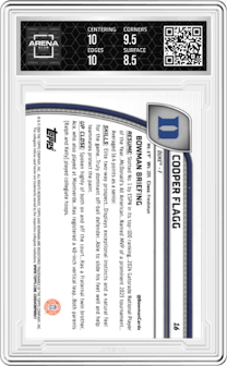 Cooper Flagg from the 2024-25 Bowman University Chrome set graded by Arena Club and given an overall grade of 9.