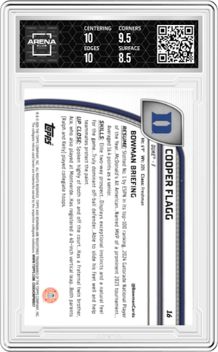 Cooper Flagg from the 2024-25 Bowman University Chrome set graded by Arena Club and given an overall grade of 9.