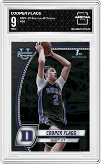 Cooper Flagg from the 2024-25 Bowman University Chrome set graded by Arena Club and given an overall grade of 9.