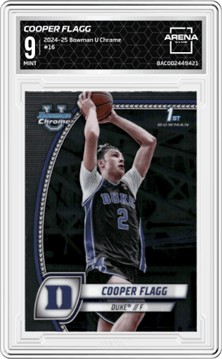 Cooper Flagg from the 2024-25 Bowman University Chrome set graded by Arena Club and given an overall grade of 9.