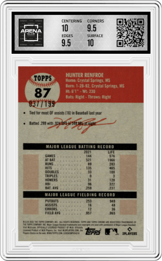 Hunter Renfroe from the 2022 Topps Chrome Platinum Anniversary set featuring a Blue Mini-Diamond Refractor parallel graded by Arena Club and given an overall grade of 10.