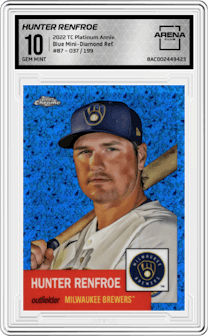 Hunter Renfroe from the 2022 Topps Chrome Platinum Anniversary set featuring a Blue Mini-Diamond Refractor parallel graded by Arena Club and given an overall grade of 10.