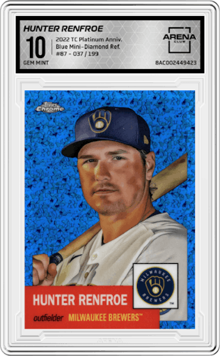 Hunter Renfroe from the 2022 Topps Chrome Platinum Anniversary set featuring a Blue Mini-Diamond Refractor parallel graded by Arena Club and given an overall grade of 10.
