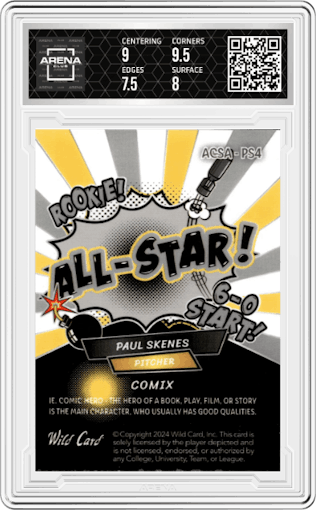Paul Skenes from the 2024 Wild Card Alumination Limited Edition Paul Skenes Comix set featuring a Silver/Yellow Rainbow Foil Board parallel graded by Arena Club and given an overall grade of 8.