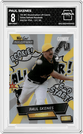 Paul Skenes from the 2024 Wild Card Alumination Limited Edition Paul Skenes Comix set featuring a Silver/Yellow Rainbow Foil Board parallel graded by Arena Club and given an overall grade of 8.