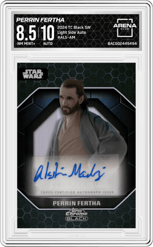 Perrin Fertha from the 2024 Topps Chrome Black Star Wars set graded by Arena Club and given an overall grade of 8.5.