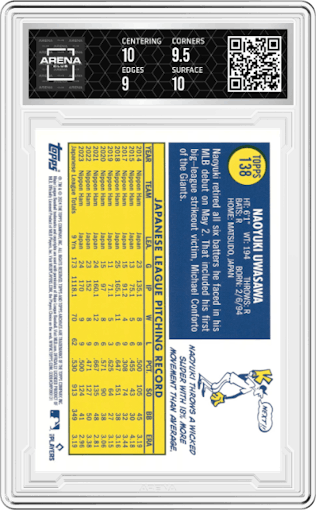 Naoyuki Uwasawa from the 2024 Topps Archives set featuring a Yellow Foilboard parallel graded by Arena Club and given an overall grade of 9.5.