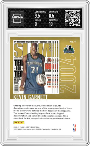 Kevin Garnett from the 2020-21 Panini NBA Hoops set graded by Arena Club and given an overall grade of 9.