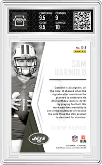Sam Darnold from the 2018 Panini XR set featuring a Blue parallel graded by Arena Club and given an overall grade of 9.5.