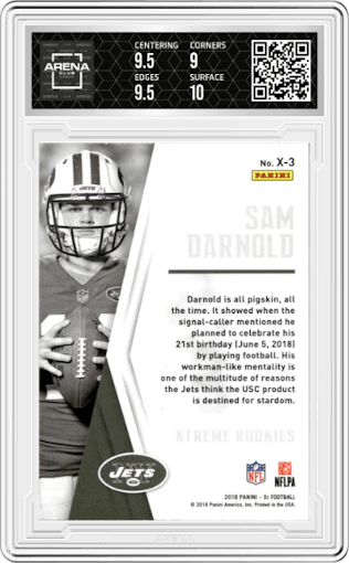 Sam Darnold from the 2018 Panini XR set featuring a Blue parallel graded by Arena Club and given an overall grade of 9.5.