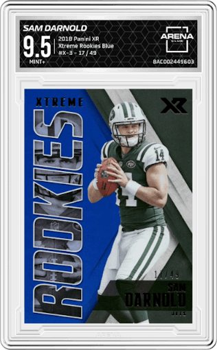 Sam Darnold from the 2018 Panini XR set featuring a Blue parallel graded by Arena Club and given an overall grade of 9.5.