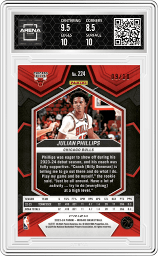 Julian Phillips from the 2023-24 Panini Mosaic set featuring a Green Fluorescent parallel graded by Arena Club and given an overall grade of 9.