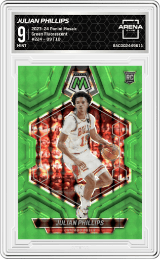 Julian Phillips from the 2023-24 Panini Mosaic set featuring a Green Fluorescent parallel graded by Arena Club and given an overall grade of 9.