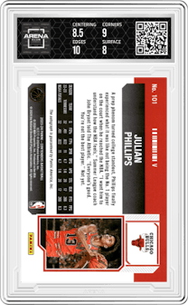 Julian Phillips  from the 2023-24 Panini Contenders set featuring a Playoff Ticket parallel graded by Arena Club and given an overall grade of 8.5.