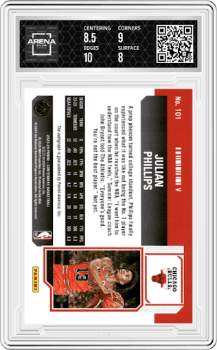 Julian Phillips  from the 2023-24 Panini Contenders set featuring a Playoff Ticket parallel graded by Arena Club and given an overall grade of 8.5.