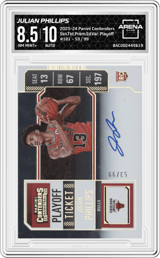 Julian Phillips  from the 2023-24 Panini Contenders set featuring a Playoff Ticket parallel graded by Arena Club and given an overall grade of 8.5.