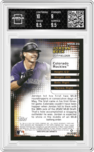 Jordan Beck from the 2024 Topps Archives set graded by Arena Club and given an overall grade of 9.