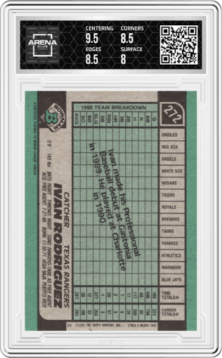Ivan Rodriguez from the 1991 Bowman set graded by Arena Club and given an overall grade of 8.5.