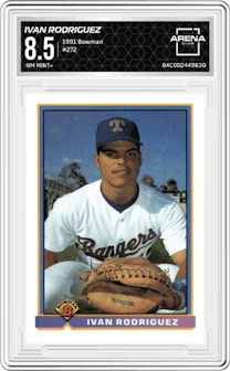 Ivan Rodriguez from the 1991 Bowman set graded by Arena Club and given an overall grade of 8.5.