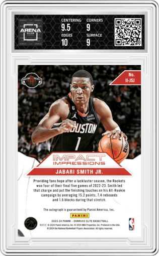 Jabari Smith Jr. from the 2023-24 Panini Donruss Elite set featuring a Gold parallel graded by Arena Club and given an overall grade of 9.5.