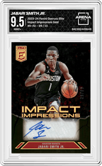 Jabari Smith Jr. from the 2023-24 Panini Donruss Elite set featuring a Gold parallel graded by Arena Club and given an overall grade of 9.5.