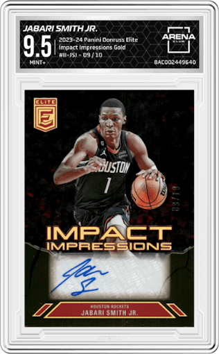 Jabari Smith Jr. from the 2023-24 Panini Donruss Elite set featuring a Gold parallel graded by Arena Club and given an overall grade of 9.5.