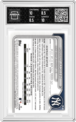 Agustin Ramirez from the 2024 Bowman set featuring a Purple parallel graded by Arena Club and given an overall grade of 9.