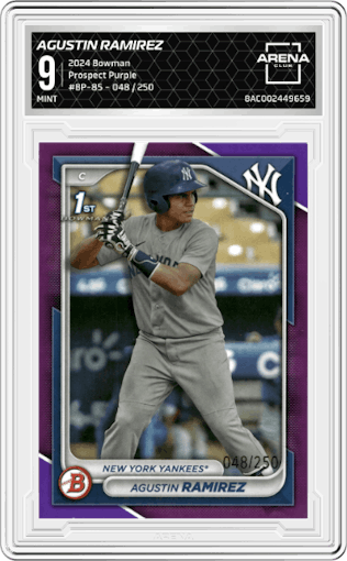 Agustin Ramirez from the 2024 Bowman set featuring a Purple parallel graded by Arena Club and given an overall grade of 9.