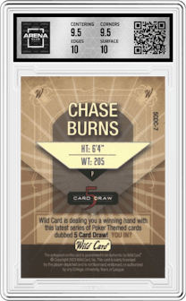 Chase Burns from the 2023 Wild Card 5 Card Draw set featuring a Holographic Crystal Foil Green parallel graded by Arena Club and given an overall grade of 10.