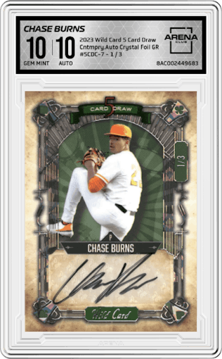 Chase Burns from the 2023 Wild Card 5 Card Draw set featuring a Holographic Crystal Foil Green parallel graded by Arena Club and given an overall grade of 10.