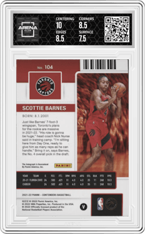 Scottie Barnes from the 2021-22 Panini Contenders  set featuring a Playoff Ticket parallel graded by Arena Club and given an overall grade of 8.