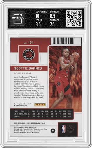 Scottie Barnes from the 2021-22 Panini Contenders  set featuring a Playoff Ticket parallel graded by Arena Club and given an overall grade of 8.