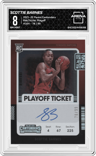 Scottie Barnes from the 2021-22 Panini Contenders  set featuring a Playoff Ticket parallel graded by Arena Club and given an overall grade of 8.